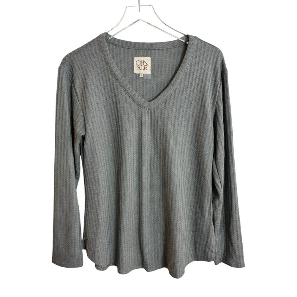 Chaser Sage Green Grey Long Sleeve V Neck Waffle Thermal Knit Top Medium NWOT